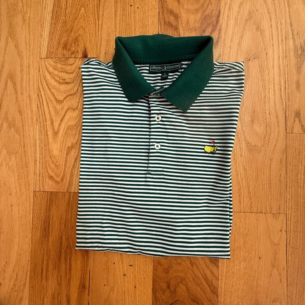 Masters Green and White Striped Polo Golf Shirt Large Pima Cotton - Picture 2 of 4